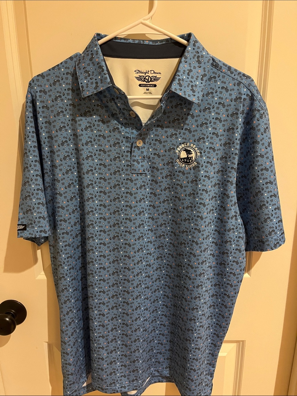 Straight Down Performance Men’s M Pebble Beach Light Blue Motorcycle Print Polo
